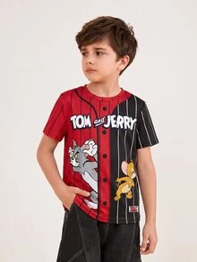 TOM & JERRY X SHEIN Tween Boy Striped & Cartoon Graphic Color Block Round Neck Short Sleeve T-Shirt - White - View 1