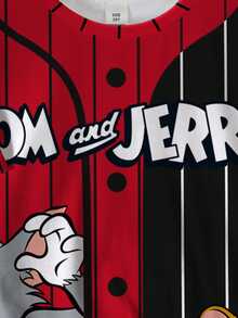 TOM & JERRY X SHEIN Tween Boy Striped & Cartoon Graphic Color Block Round Neck Short Sleeve T-Shirt - White - View 5