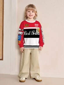 TOM & JERRY X SHEIN Young Boy Colorblock Letter And Cartoon Graphic Crew Neck Long Sleeve Sweatshirt Fall Winter - White - View 1
