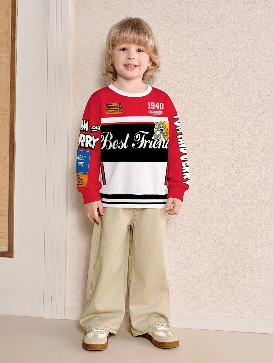 TOM & JERRY X SHEIN Young Boy Colorblock Letter And Cartoon Graphic Crew Neck Long Sleeve Sweatshirt Fall Winter - White - View 1