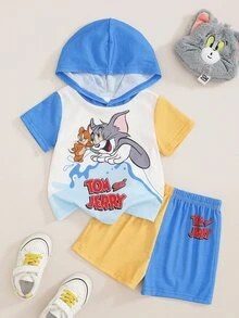 TOM & JERRY X SHEIN 男嬰字母卡通印花連帽短袖T恤與短褲休閒日常套裝 - 彩色 - 查看 2