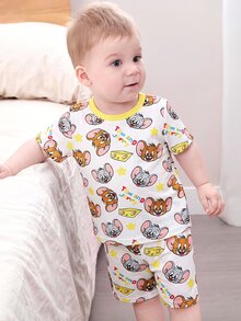 TOM & JERRY X SHEIN 男婴卡通字母印花圆领短袖上衣和短裤休闲家居服套装 - 白色 - 查看 1