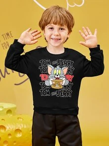 TOM & JERRY X SHEIN 年轻男孩休闲卡通字母图案宽松落肩运动衫，春秋 - 黑色 - 查看 6