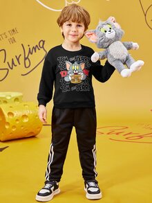 TOM & JERRY X SHEIN 年轻男孩休闲卡通字母图案宽松落肩运动衫，春秋 - 黑色 - 查看 8