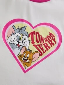 TOM & JERRY X SHEIN Camiseta de manga corta con cuello redondo y estampado de corazón y dibujos animados para niñas preadolescentes, de verano - Blanco - Ver 4