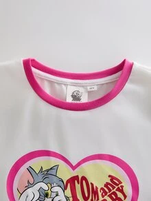 TOM & JERRY X SHEIN Camiseta de manga corta con cuello redondo y estampado de corazón y dibujos animados para niñas preadolescentes, de verano - Blanco - Ver 5