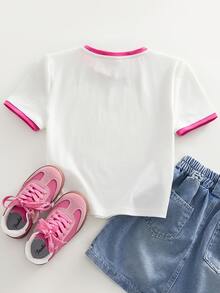 TOM & JERRY X SHEIN Camiseta de manga corta con cuello redondo y estampado de corazón y dibujos animados para niñas preadolescentes, de verano - Blanco - Ver 3