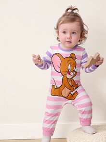 TOM & JERRY X SHEIN Baby Girl Striped Round Neck Long Sleeve Casual Romper - Pink - View 1