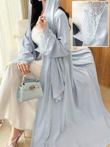 Al Najma Abaya Wanita Elegan dan Romantis dengan Warna Polos, Model Mengembang, dan Hiasan Renda Jala - Biru - View 5