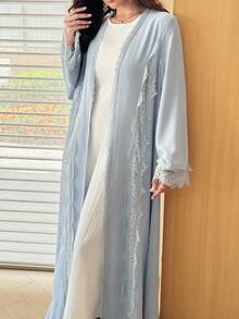 Al Najma Abaya Wanita Elegan dan Romantis dengan Warna Polos, Model Mengembang, dan Hiasan Renda Jala - Biru - View 7
