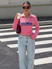 Muchica Women's Striped Letter Print Casual Daily Long Sleeve T-Shirt - White - View 5