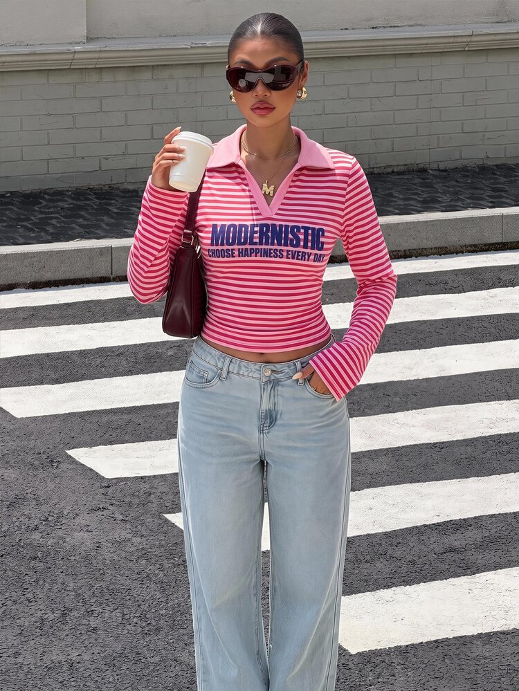 Muchica Kaos Lengan Panjang Kasual Wanita Motif Garis-Garis untuk Sehari-hari - Putih - View 5