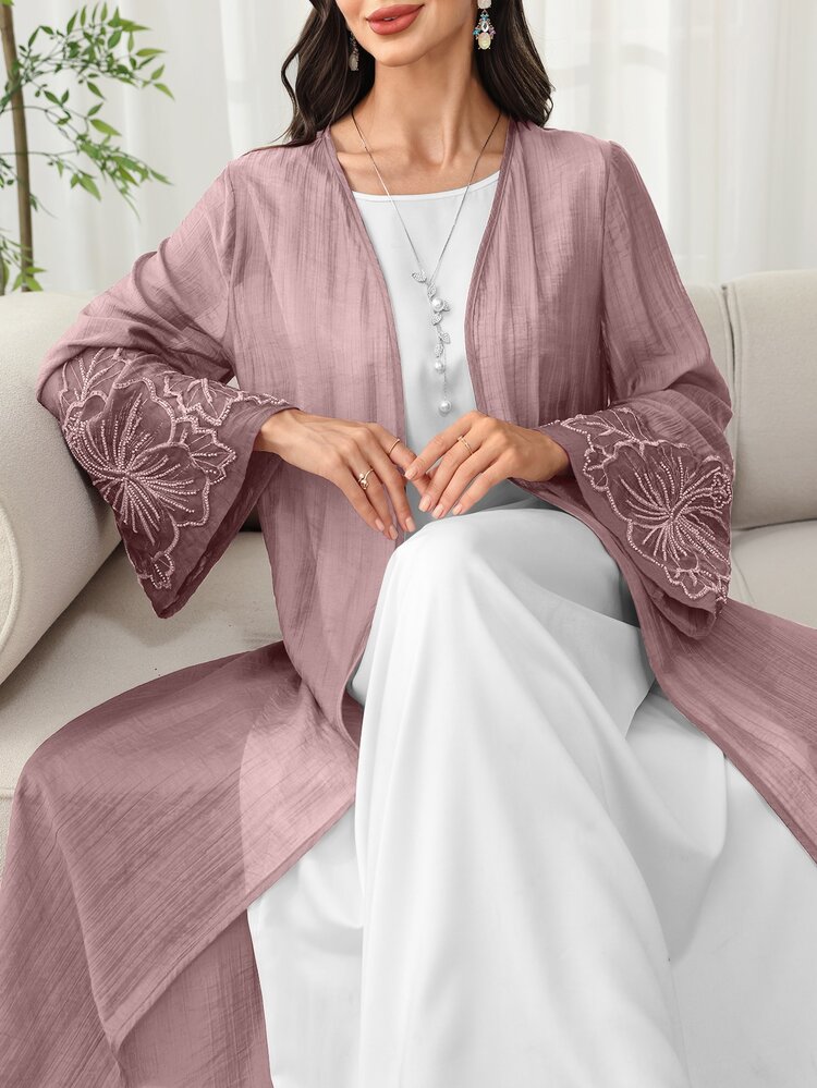 SHEIN Najma Arabic Style Floral Embroidery Open Front Abaya Robe With Beaded Cuffs, Lightweight For Spring/Summer - Dusty Pink - View 6