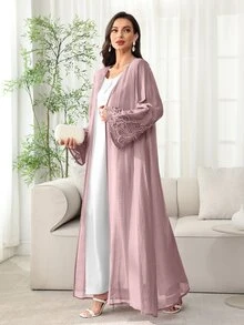 Al Najma 阿拉伯风格花卉刺绣开襟长袍，袖口串珠，轻盈，适合春夏季穿着 - 藕粉色 - 查看 8