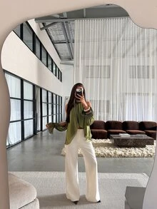 Aloruh 女款性感露肩高領不對稱下擺設計上衣 外出穿搭上衣 生日穿搭上衣 夜店穿搭上衣 - 軍綠色 - 查看 5