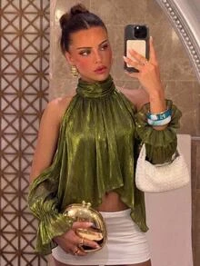 Aloruh 女款性感露肩高領不對稱下擺設計上衣 外出穿搭上衣 生日穿搭上衣 夜店穿搭上衣 - 軍綠色 - 查看 3