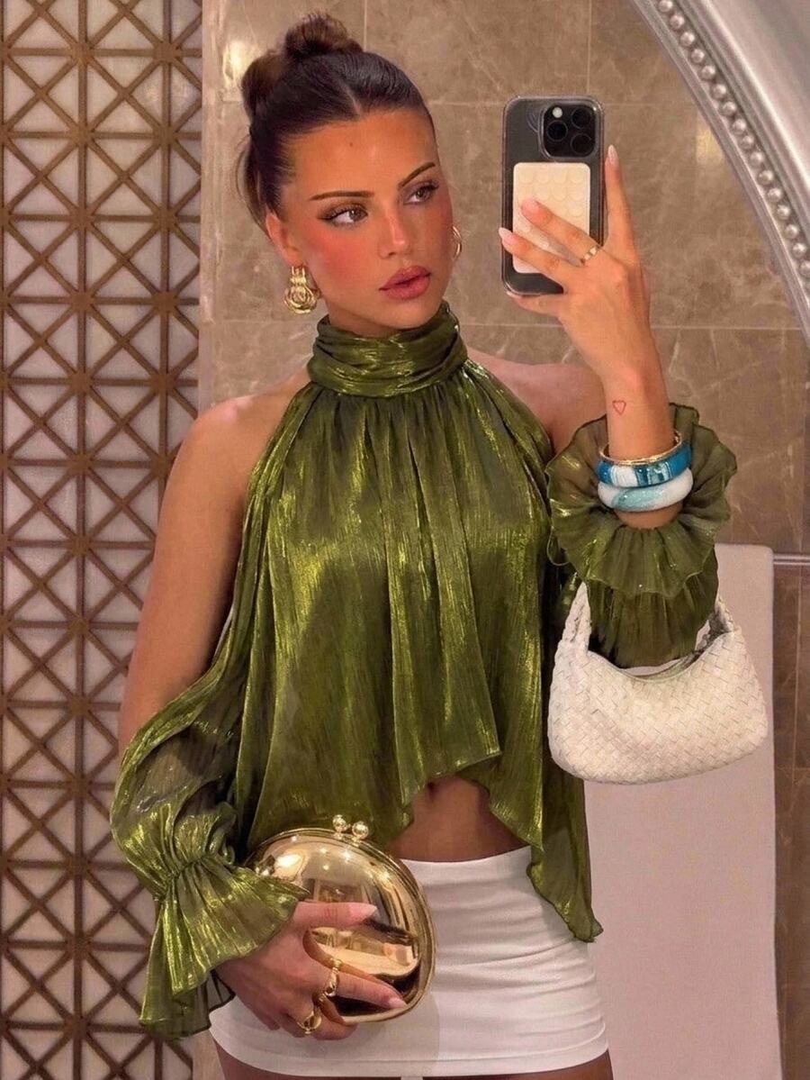 Aloruh Women's Sexy Cold Shoulder High Neck Asymmetrical Hem Design Blouse Going Out Tops Birthday Outfit Going Out Tops Club Outfits For Women - Army Green - View 1