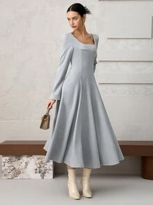 Heiryn Women's Elegant Solid Color Waist Cinched Mid-Length Dress, Suitable For Parties - Blue - View 7
