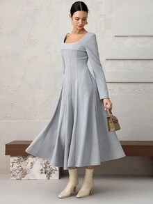 Heiryn Women's Elegant Solid Color Waist Cinched Mid-Length Dress, Suitable For Parties - Blue - View 9