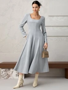 Heiryn Women's Elegant Solid Color Waist Cinched Mid-Length Dress, Suitable For Parties - Blue - View 8