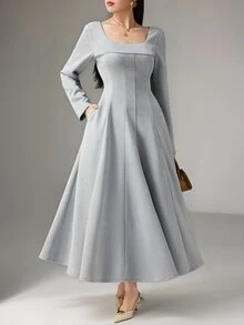 Heiryn Women's Elegant Solid Color Waist Cinched Mid-Length Dress, Suitable For Parties - Blue - View 6