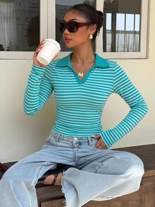 Muchica Women's Striped Collared Long Sleeve Casual Versatile T-Shirt - White - View 4