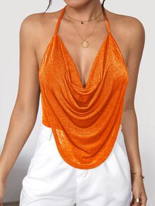 Firerie Concert Draped Front Backless Party Halter Top - Orange - View 8