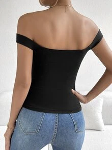 Firerie Summer Off Shoulder Ribbed Knit Black Top - Black - View 3