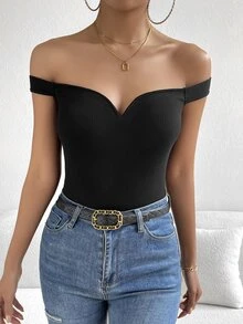 Firerie Summer Off Shoulder Ribbed Knit Black Top - Black - View 7