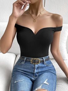 Firerie Summer Off Shoulder Ribbed Knit Black Top - Black - View 5