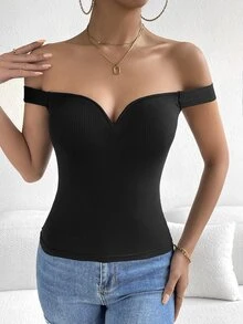 Firerie Summer Off Shoulder Ribbed Knit Black Top - Black - View 4
