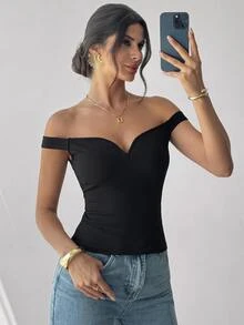 Firerie Summer Off Shoulder Ribbed Knit Black Top - Black - View 1