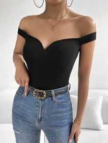 Firerie Summer Off Shoulder Ribbed Knit Black Top - Black - View 6