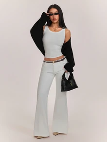 SHEIN PETITE Women's Petite Minimalist Black Solid-Color Ribbed Knit Cropped Cardigan - Black - View 8