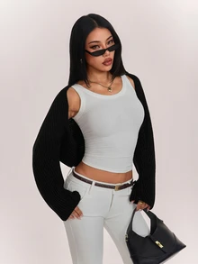 SHEIN PETITE Women's Petite Minimalist Black Solid-Color Ribbed Knit Cropped Cardigan - Black - View 7