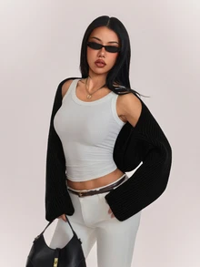 SHEIN PETITE Women's Petite Minimalist Black Solid-Color Ribbed Knit Cropped Cardigan - Black - View 4