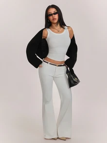 SHEIN PETITE Women's Petite Minimalist Black Solid-Color Ribbed Knit Cropped Cardigan - Black - View 5