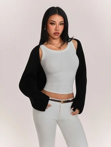 SHEIN PETITE Women's Petite Minimalist Black Solid-Color Ribbed Knit Cropped Cardigan - Black - View 3