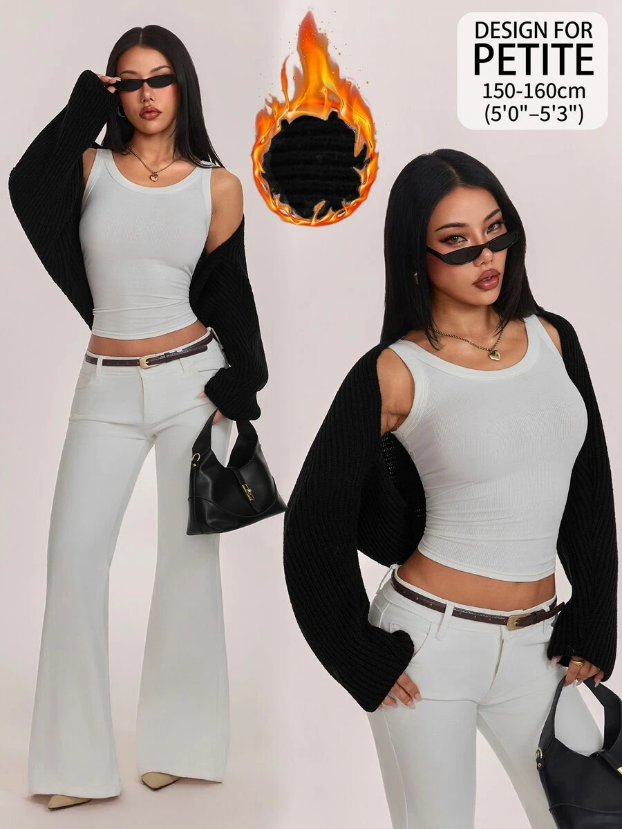 SHEIN PETITE كارديجان قصير محبوك مضلع بلون أسود موحد بتصميم بسيط للنساء ذوات القامة الصغيرة - الأسود - مشاهدة 1