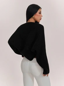 SHEIN PETITE Women's Petite Minimalist Black Solid-Color Ribbed Knit Cropped Cardigan - Black - View 2