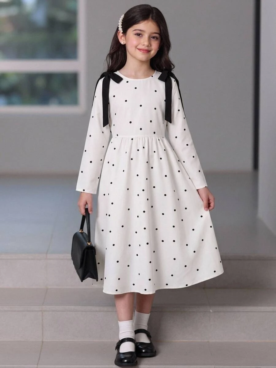 SHEIN Tween女孩杏色波點長袖洋裝,可愛派對洋裝,圓領對比色蝴蝶結腰帶,白色裙襬聖誕派對洋裝秋季蜂巢風 - 杏色 - 查看 1
