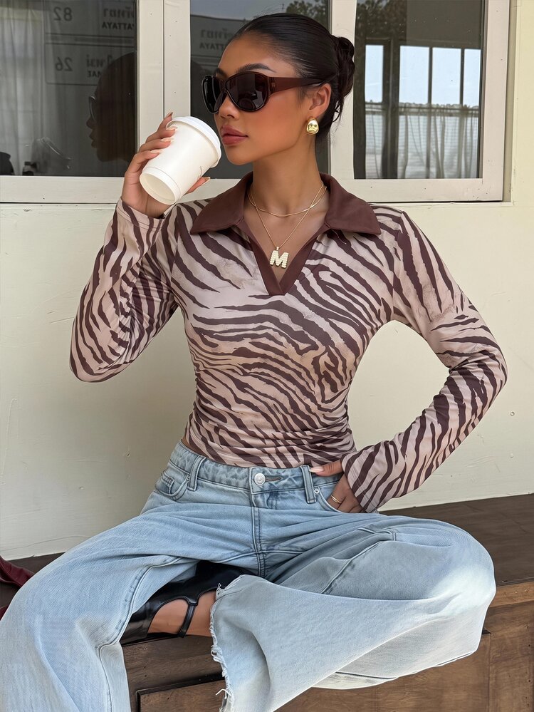 Muchica Kaos Kasual Lengan Panjang Berkerah Motif Zebra untuk Wanita - Putih - View 4