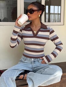Muchica Women's Striped Casual Versatile Daily Long Sleeve T-Shirt - White - View 3