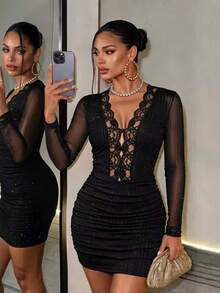 SHEIN BamGlam This Is A New Autumn-Winter Style Long-Sleeved Net-Sheer Lace-Spliced Fabric Dress. It Features A Hem Made Of Fluffy Fur. The Material Is Shiny. There - Black - View 5