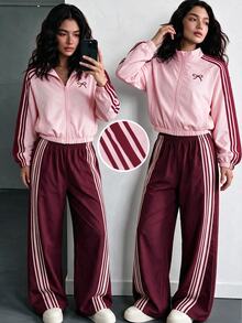 SHEIN 12-16歲青少年女孩 2件組條紋印花運動套裝，蝴蝶結拉鍊外套與寬腿長褲，復古運動風粉色春秋冬校園日常運動穿搭 - 彩色 - 查看 5
