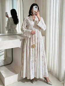 Al Najma 精緻刺繡印花寬鬆喇叭袖女款土耳其長版長衫與阿拉伯傳統長版長衫 - 彩色 - 查看 2