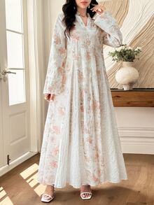 Al Najma 精緻刺繡印花寬鬆喇叭袖女款土耳其長版長衫與阿拉伯傳統長版長衫 - 彩色 - 查看 6