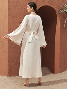 Al Najma Women's Arabian Traditional Long Dress With Floral Embroidery, Fringed Cuffs And Bell Sleeves Modest Kaftan - Apricot - View 2