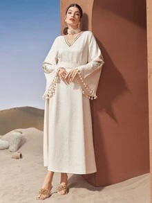 Al Najma Women's Arabian Traditional Long Dress With Floral Embroidery, Fringed Cuffs And Bell Sleeves Modest Kaftan - Apricot - View 4