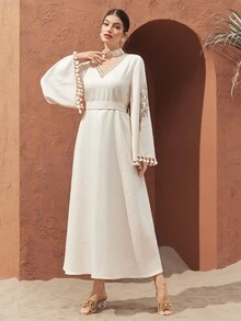 Al Najma Women's Arabian Traditional Long Dress With Floral Embroidery, Fringed Cuffs And Bell Sleeves Modest Kaftan - Apricot - View 6